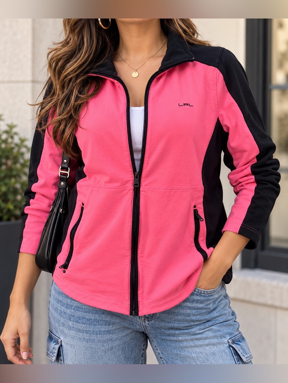 Lauren Ralph Lauren LRL Pink Black Colorblock Full Zip Jacket Women’s Large